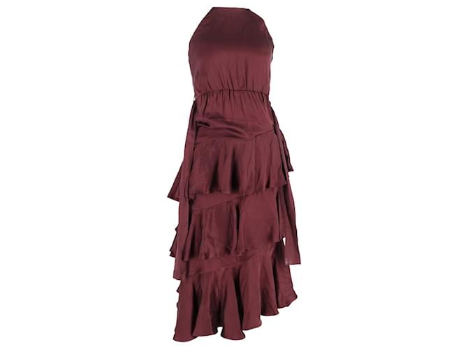 Abito midi con collo halter in seta bordeaux con volant Zimmermann Rosso Bordò