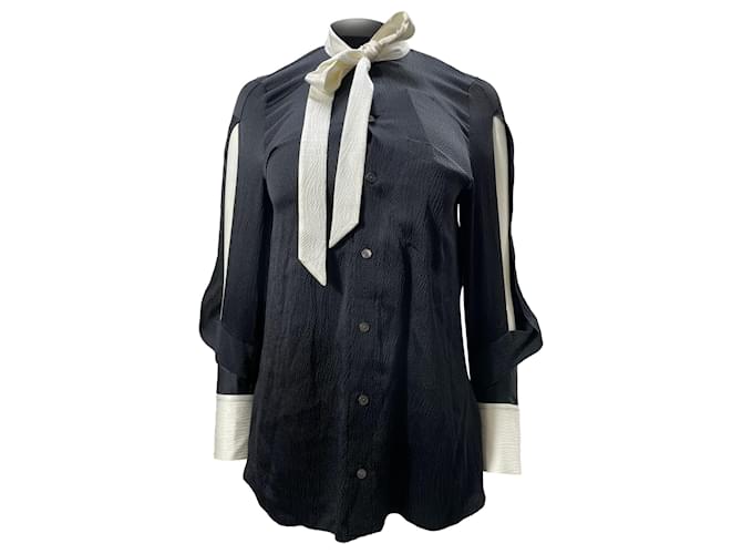 Blusa a maniche lunghe in viscosa nera con sciarpa in nastro testurizzato Roland Mouret Nero