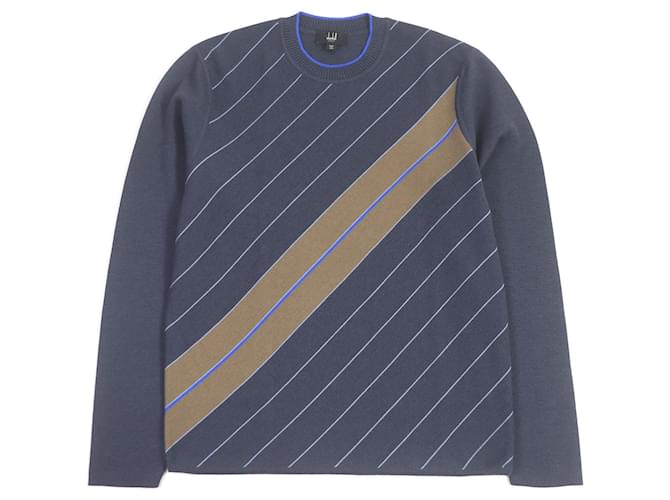 Alfred Dunhill Dunhill Maglione in Lana e Seta a Righe Collo Rotondo Blu Marino M