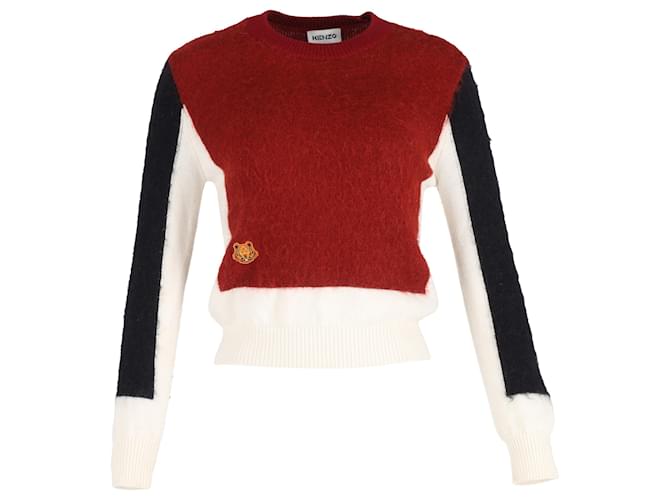 Maglione in lana rossa con patch tigre Kenzo a blocchi di colore Rosso Bordò