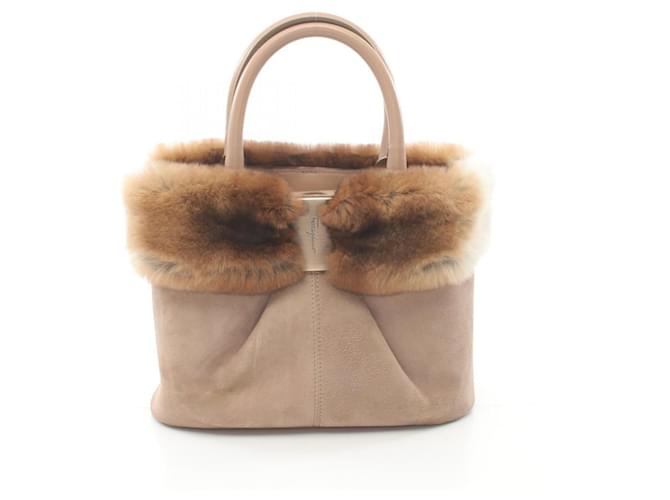 Borsa a mano in pelle scamosciata e pelliccia di coniglio Salvatore Ferragamo Beige