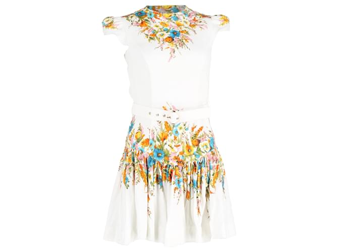 Abito mini a vita alta con cintura e gonna svasata a stampa floreale Zimmermann Estelle in lino multicolore