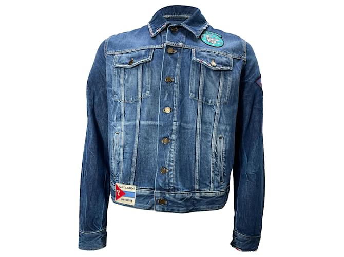 Giacca Patch Saint Laurent in denim di cotone blu Blu chiaro
