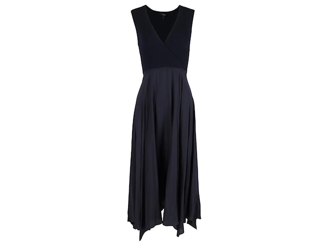 Theory Abito midi in maglia a coste con scollo a V profondo in lana blu navy