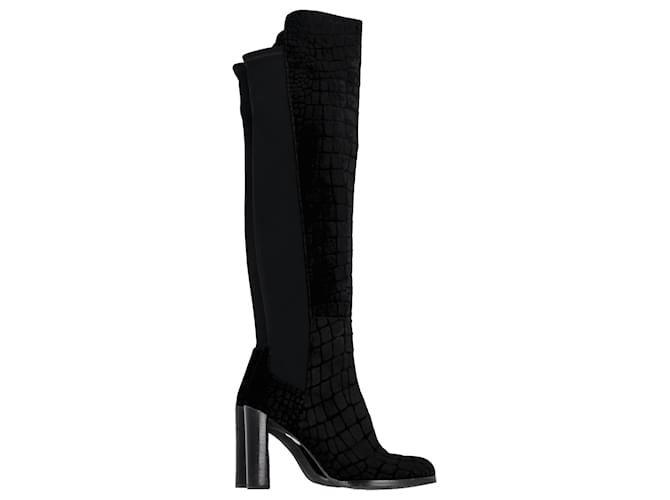 Stivali alti con tacco in velluto nero con stampa coccodrillo di Stuart Weitzman, al ginocchio