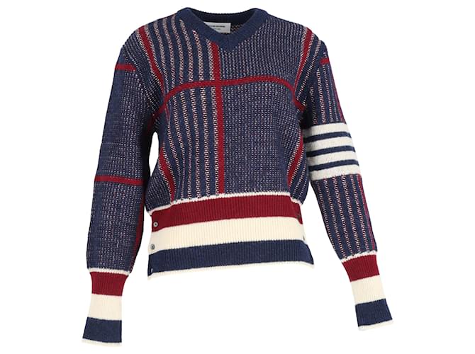 Maglione a V a quadri Thom Browne in lana multicolore
