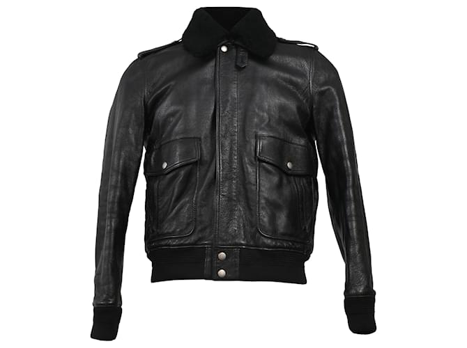 Giacca da aviatore in pelle nera con colletto in shearling di Saint Laurent Nero