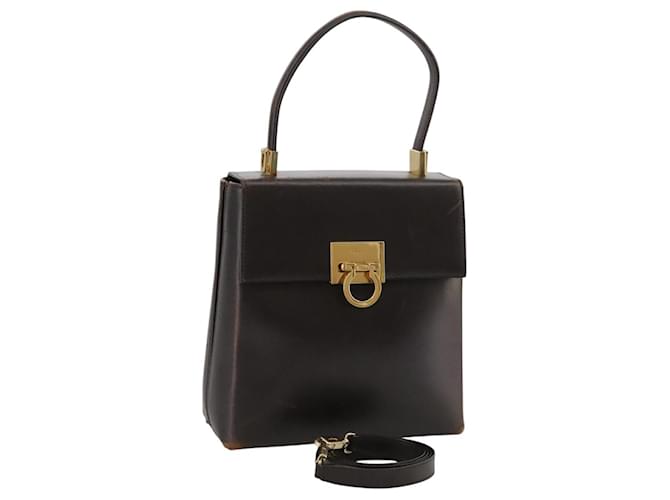 Borsa a mano in pelle Gancini di Salvatore Ferragamo 2 vie marrone scuro oro Auth 103214 D'oro