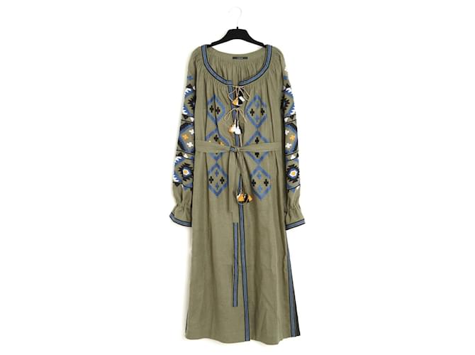 Autre Marque Vita Kin Abito in Lino Taglia Standard SD Khaki Nero Vestito Etnico Taglia M L Cachi