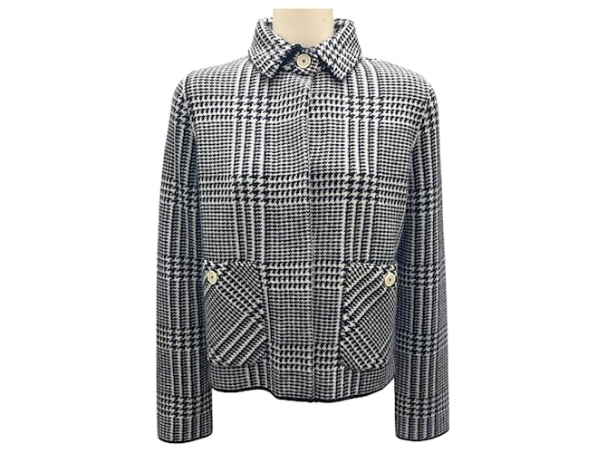 Giacca in lana a scacchi houndstooth blu navy / bianca con bottoni frontali Bruno Manetti