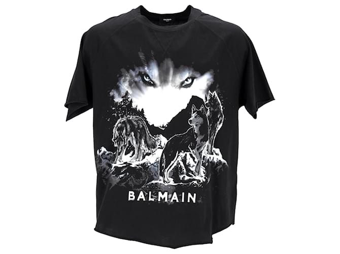 T-shirt girocollo in cotone nero con stampa di lupo Balmain