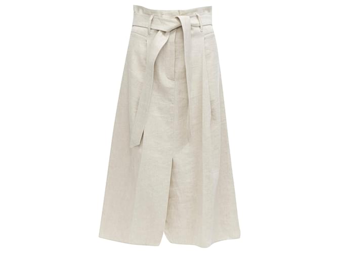 Gonna midi A-line in cotone e lino con cintura a cravatta Brunello Cucinelli Marrone Beige
