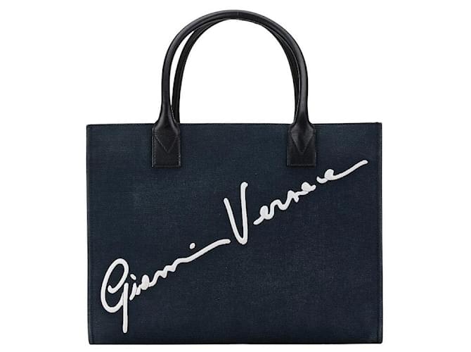 Borsa tote in tela e pelle Versace Blu