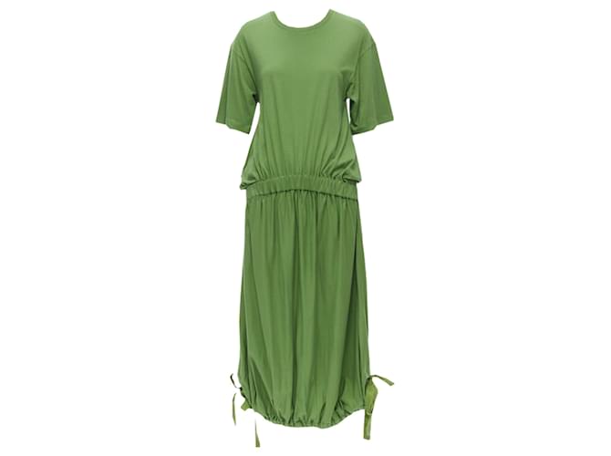 Abito t-shirt in cotone Marni con fiocco in gros-grain in vita e orlo con cordoncino Verde