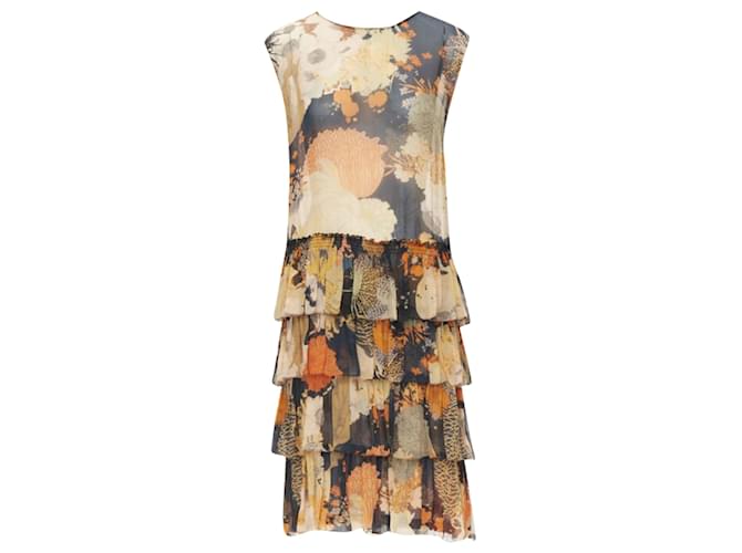 Abito in seta con volant e cravatta floreale giapponese di Dries Van Noten Arancione