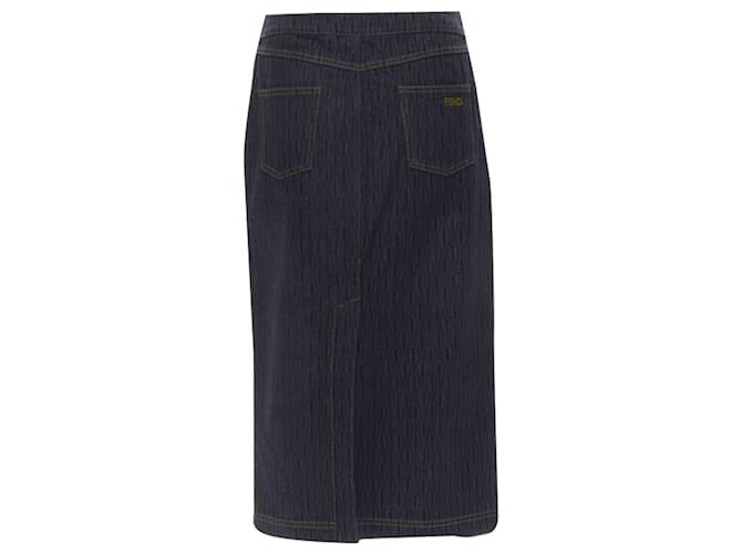 Gonna midi in denim indaco in velluto stampato grafico Fendi Blu