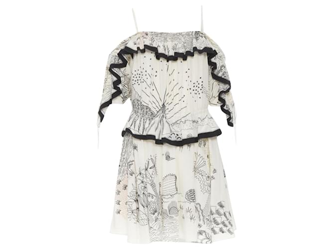 Abito in seta con stampa di illustrazione da giardino Valentino Garavani, spalle scoperte con lacci Marrone Beige