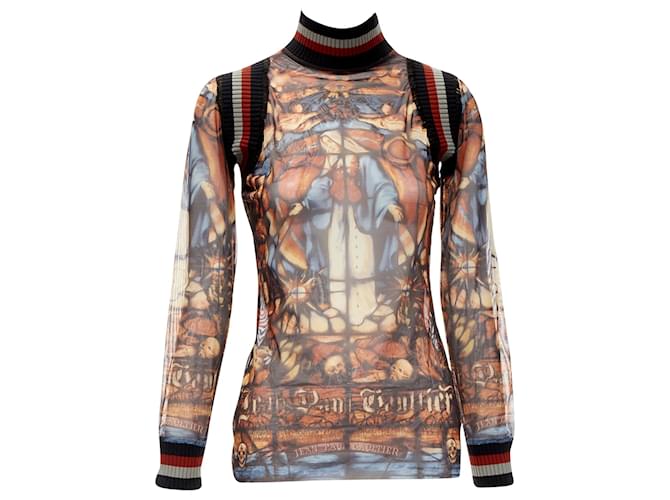 Top in rete a coste colorato con il logo gotico di Jean Paul Gaultier e motivo di cattedrale Multicolore