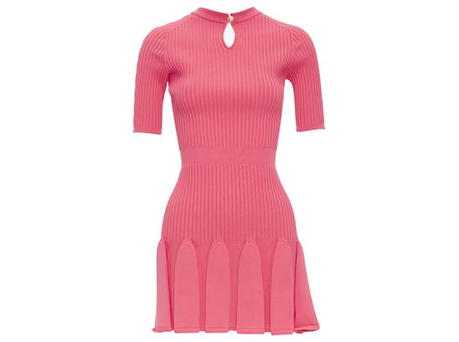 Mini abito con gonna a volant in costina e scollatura a chiave Balmain Rosa