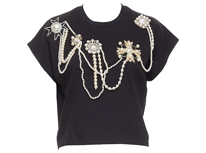 T-shirt cropped in cotone con perle di Balmain Nero