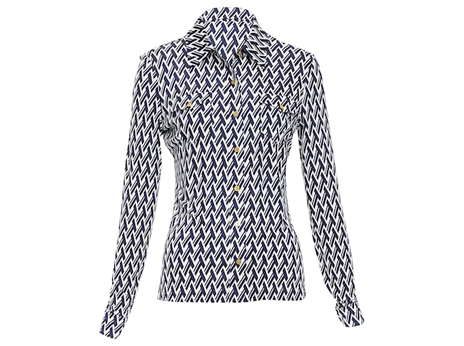 Camicia in misto seta con stampa monogramma Tory Burch Blu Blu navy
