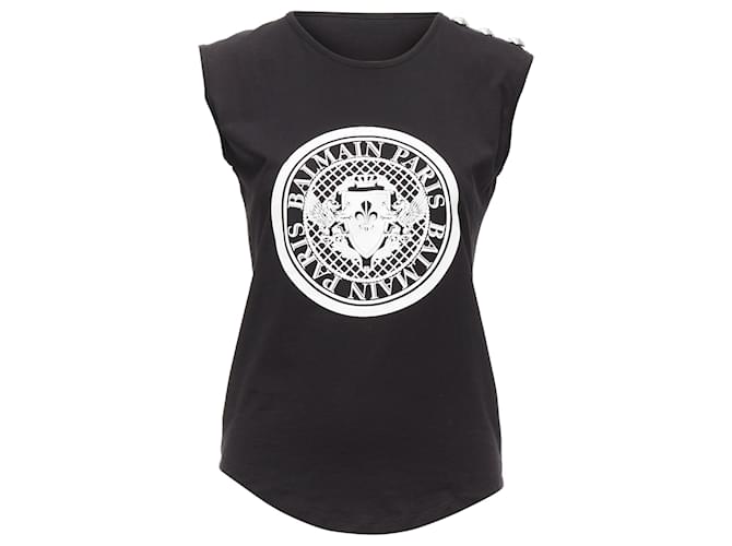 Canotta in cotone Balmain con logo in rilievo e bottoni argentati sulla spalla Nero