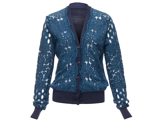 Cardigan in seta e cotone con fiori in pizzo trasparente a maniche lunghe e scollo a V Lanvin Blu