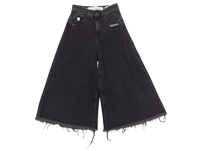 Jeans culotte larghi in denim con logo Off White C/O Virgil Abloh e orlo sfilacciato Nero