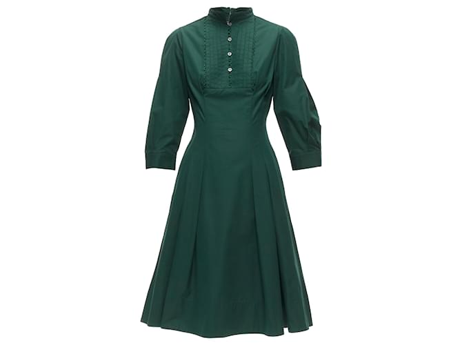 Abito midi in cotone con volant plissettati Oscar De La Renta Verde