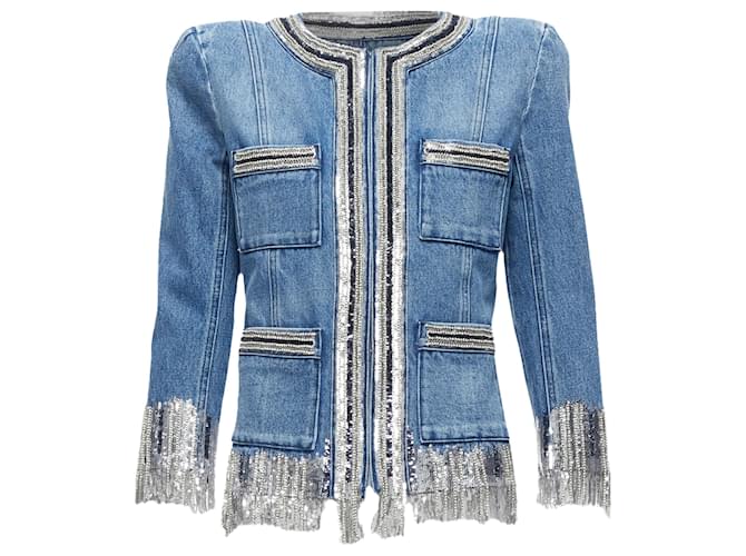 Giacca in denim di cotone lavato Balmain con rifinitura in cristallo argento. Blu