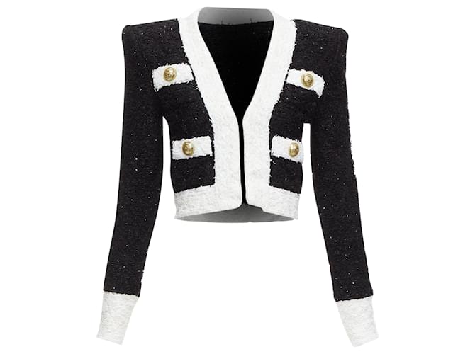 Giacca blazer cropped in tweed metallico con 4 tasche Balmain Nero