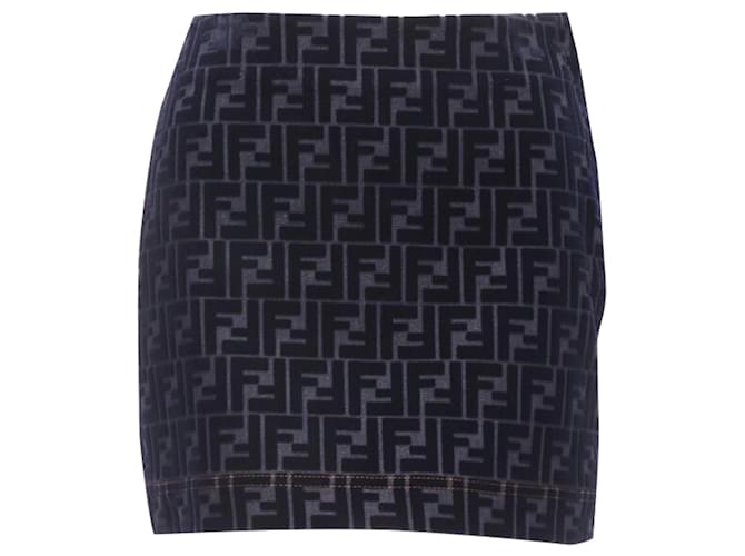 Gonna mini in denim con velluto a pelo corto monogramma FF Zucca di Fendi Blu