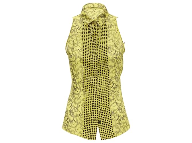 Camicia senza maniche con colletto plissettato in seta con stampa barocca a pois di Versace Giallo