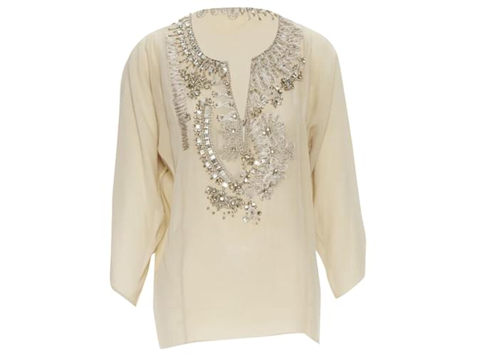 Blusa in seta con colletto / maniche in ricamo di cristallo Oscar De La Renta Marrone Beige