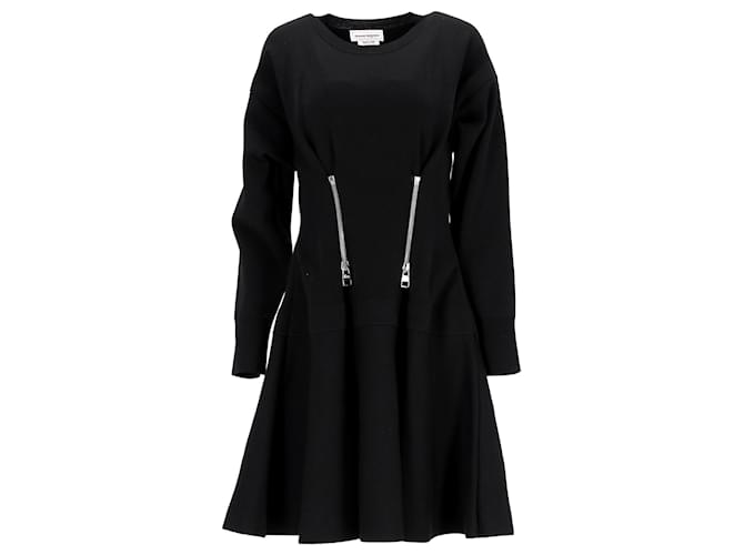 Abito mini svasato in lana nera con dettagli zip di Alexander McQueen Nero