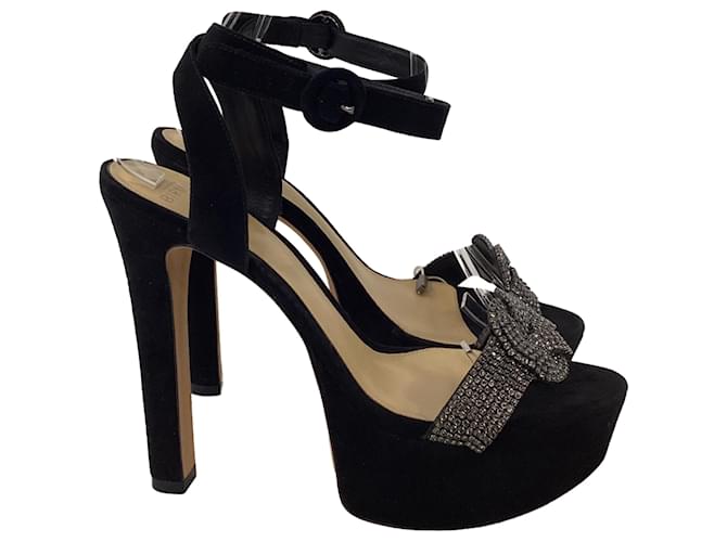 Sandali con plateau e cinturino alla caviglia decorati con cristalli Alexandre Birman in pelle nubuck nera Nero