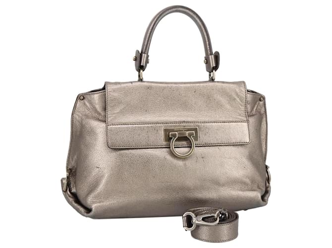 Borsa a mano in pelle Gancini di Salvatore Ferragamo 2way Argento Auth bs20081