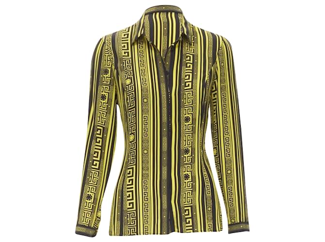 Camicia con bottone Medusa con stampa Greca di Versace Giallo
