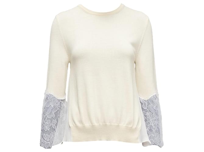 Maglione in chiffon con inserto in pizzo e maniche in pizzo Oscar De La Renta, orlo asimmetrico hi-low Bianco Crudo