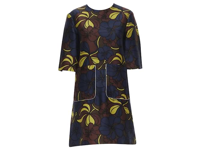 Abito A-line in crepe di lana e seta con stampa floreale Marni e tasche a toppa Marrone