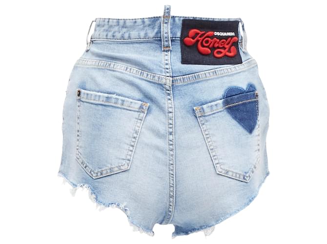 Hot pants in denim lavato con cuore Honey di Dsquared2, foderati in leopardato Blu
