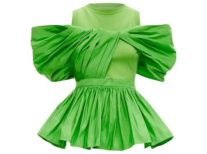 Top spalla peplum plissettato in cotone Alexander McQueen Verde