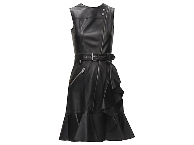Abito in pelle biker con cintura e rifiniture a volant Alexander McQueen Nero