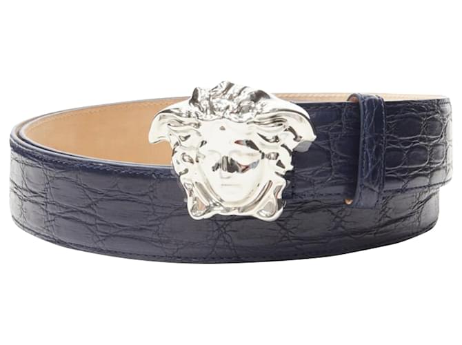 Cintura in pelle scalata La Medusa di Versace Blu Blu navy