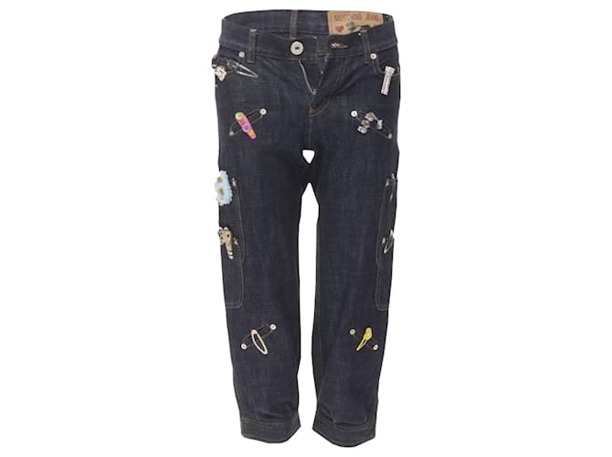 Jeans cargo ricamati con fermaglio per capelli in denim Moschino Blu