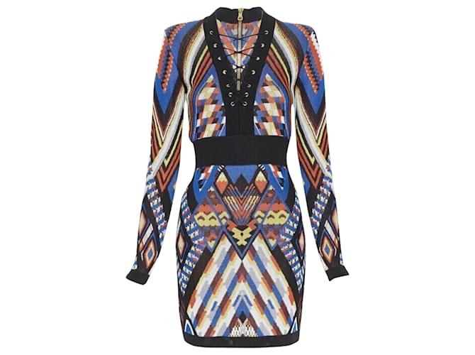 Abito mini bodycon in pizzo lavorato a maglia con scollatura a V etnica tribale Balmain Multicolore