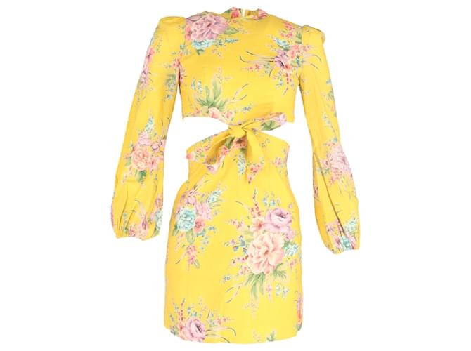 Abito Mini Floreale Zinnia Zimmermann in Lino Giallo
