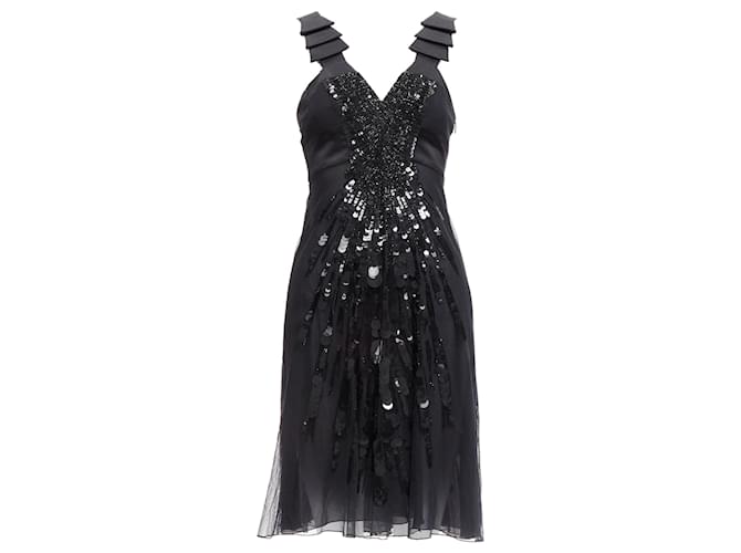 Abito con spalline a volant e decorazioni in perline e paillettes di Versace Nero