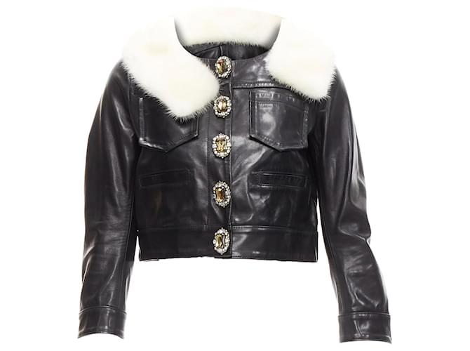 Giacca in pelle cropped con colletto in pelliccia asimmetrico e bottone gioiello Dsquared2 Nero