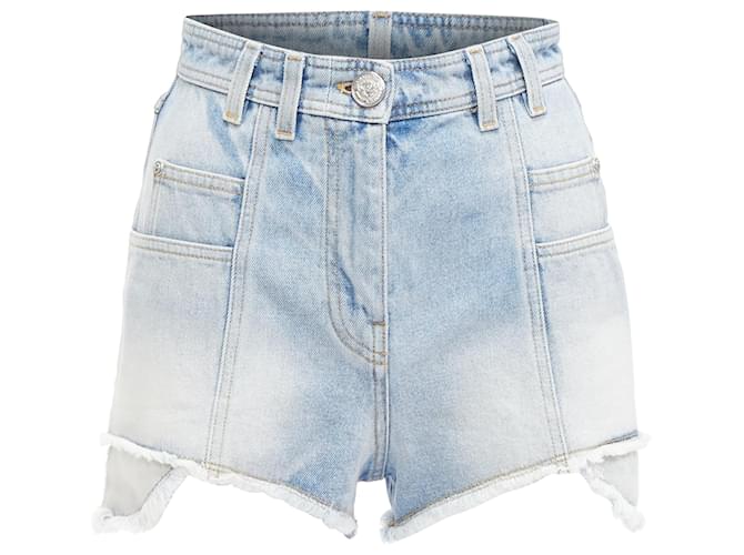 Shorts cargo in denim di cotone lavato con pannelli Balmain Blu